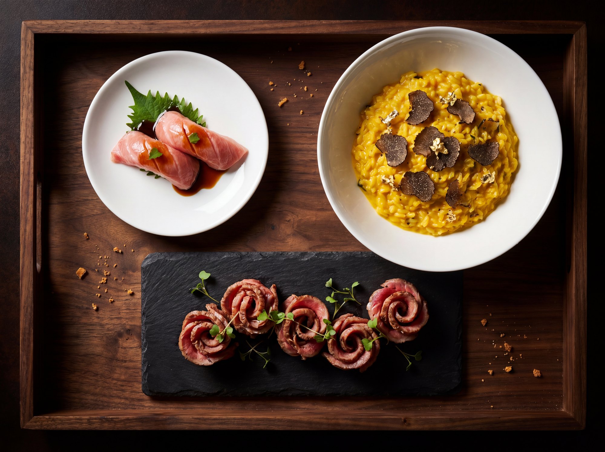 Editorial top-down of three private-jet plates: Edo-style tuna nigiri, saffron risotto, and Wagyu beef tataki rosettes