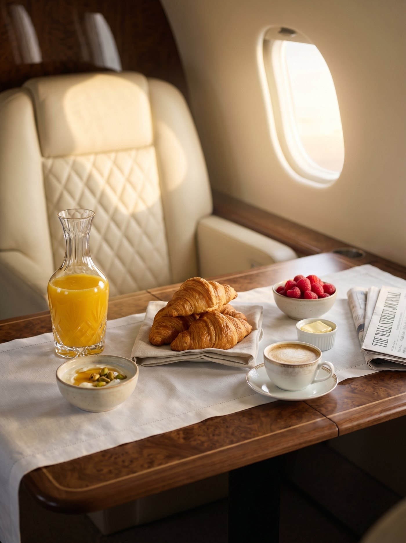 Morning catering spread on a private jet walnut burl table: croissants, fresh raspberries, espresso, and an orange juice carafe in golden sunrise light